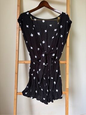 Posh Pua Black Romper with White Floral Print and Tie Front